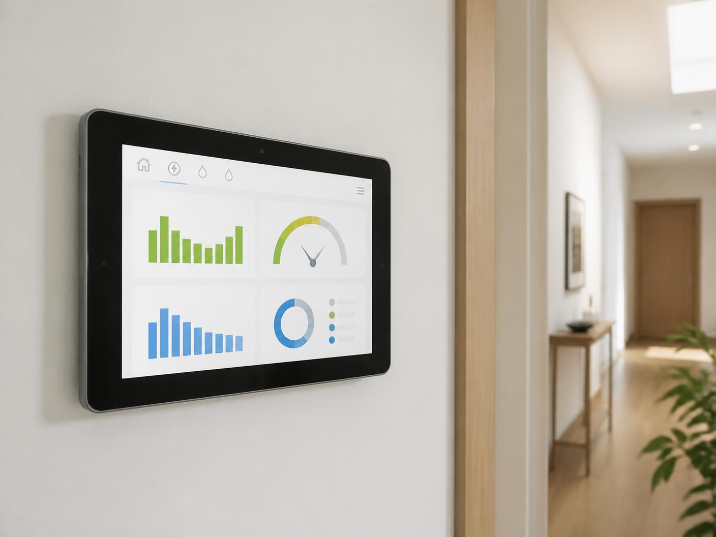 Pantalla de monitorización energética instalada en la pared de una vivienda