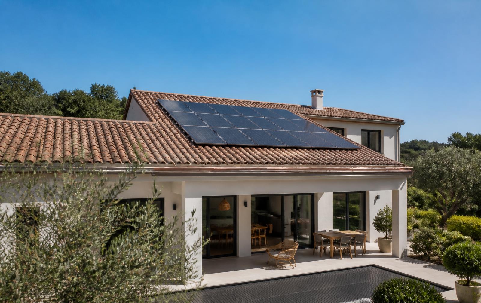 Cubierta de vivienda con módulos fotovoltaicos alineados