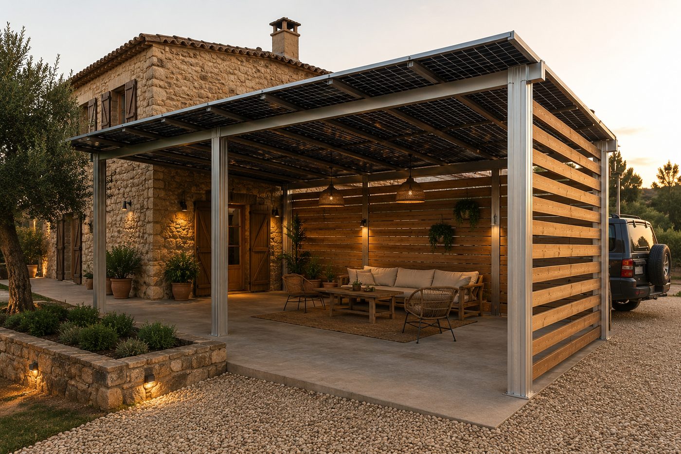 Pérgola solar moderna junto a vivienda