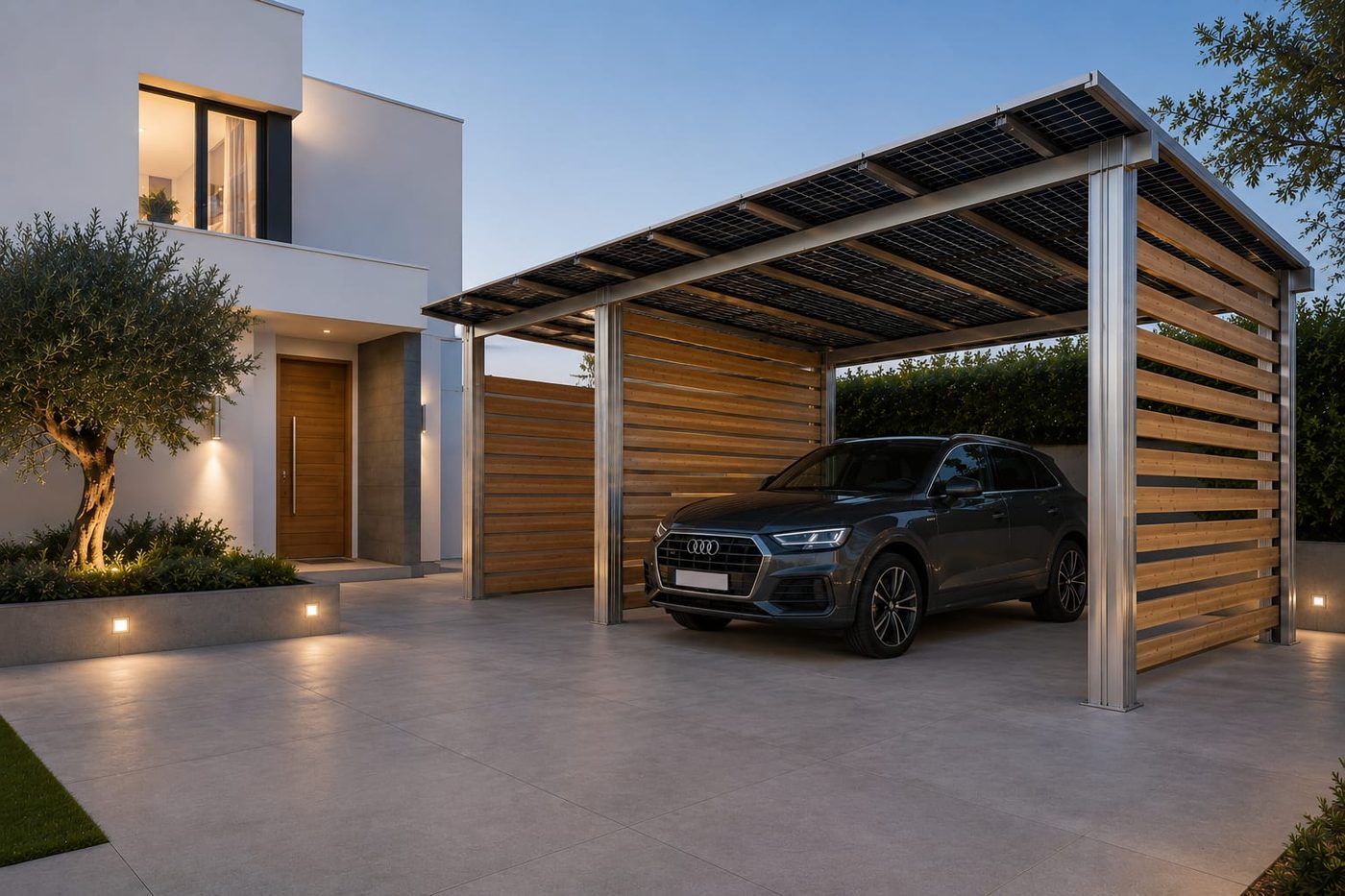 Pérgola solar con zona de estar en casa de piedra